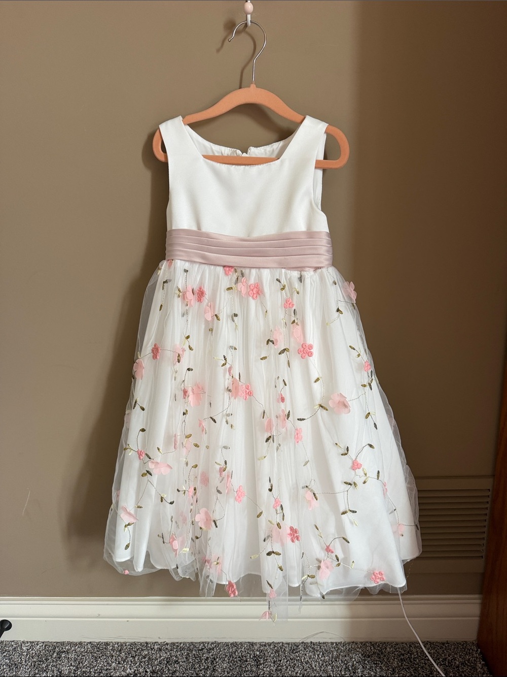 Azazie White Dress with Pink Floral Embroidery and Blush Sash